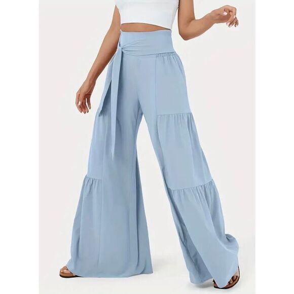 NWT Gorgeous Sz. L High Waisted Blue Tie Front/Back Wide Leg Flowy Tiered Pants - Picture 10 of 12